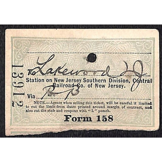 New York & Long Branch Railroad 1901 Ticket North Asbury Park Lakewood NJ #13912
