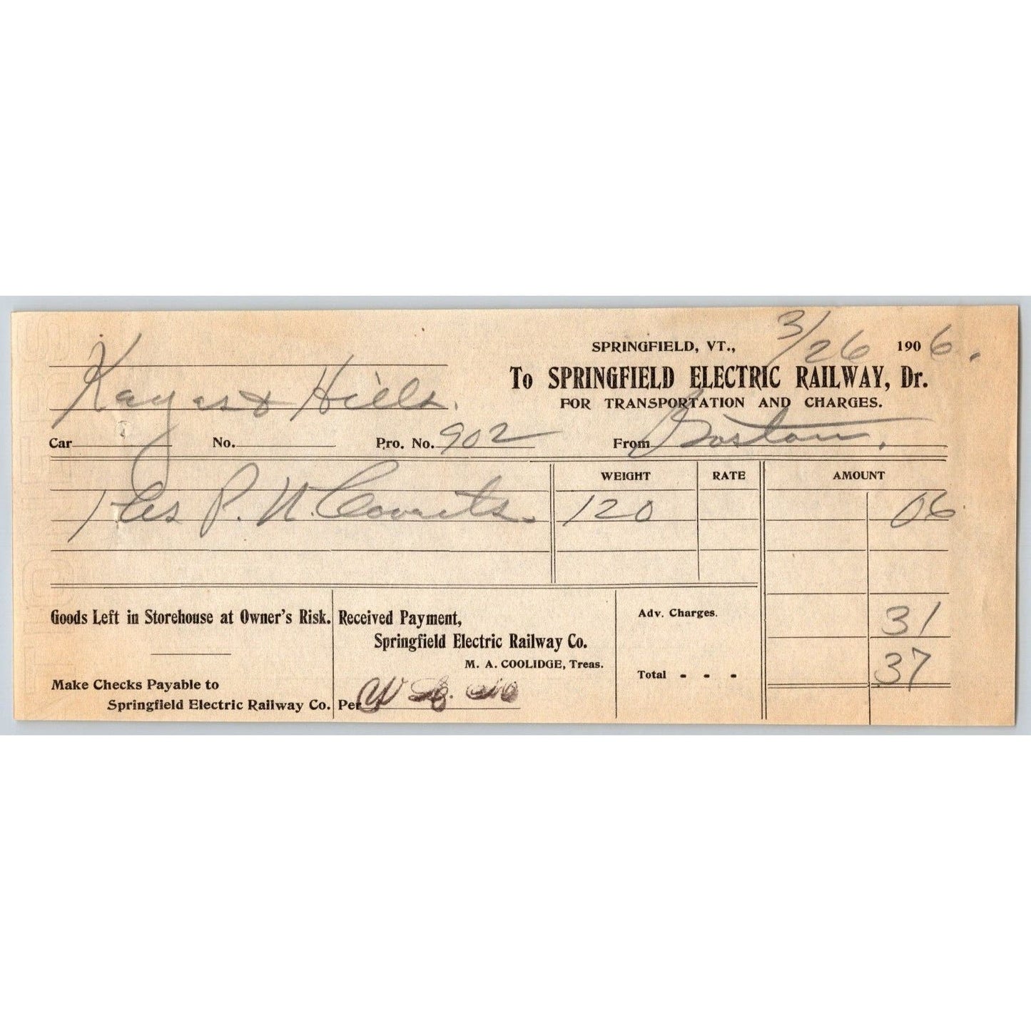 Springfield Electric Railway Co. Springfield, VT 1906 Freight Receipt VGC