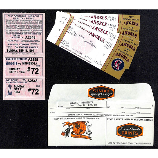 California Angels Tickets - 4 Unused 9/11/94 Strike - Game Not Played