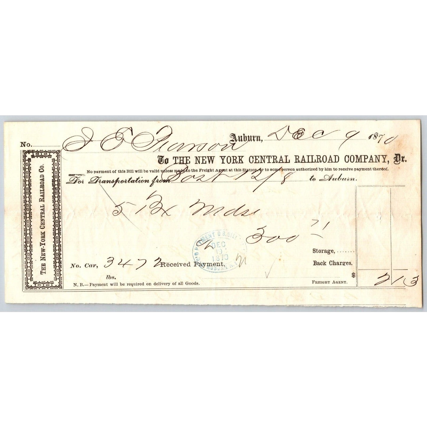 New York Central Railroad Company 1870 Freight Receipt to Auburn, NY - Scarce