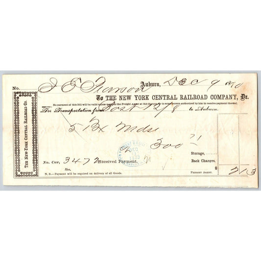New York Central Railroad Company 1870 Freight Receipt to Auburn, NY - Scarce