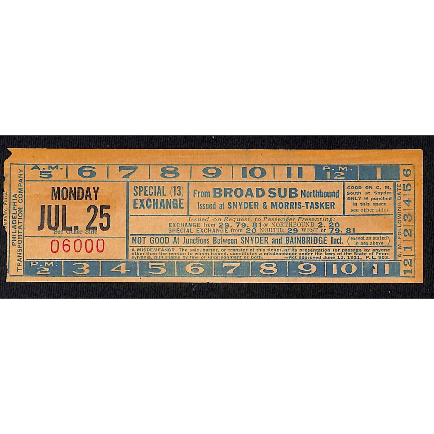Vintage c1940's-50's Ticket - Philadelphia Transit Co. - Broad Sunway #6000