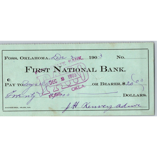 Foss Territorial Oklahoma 1903 First National Bank Check Very Scarce