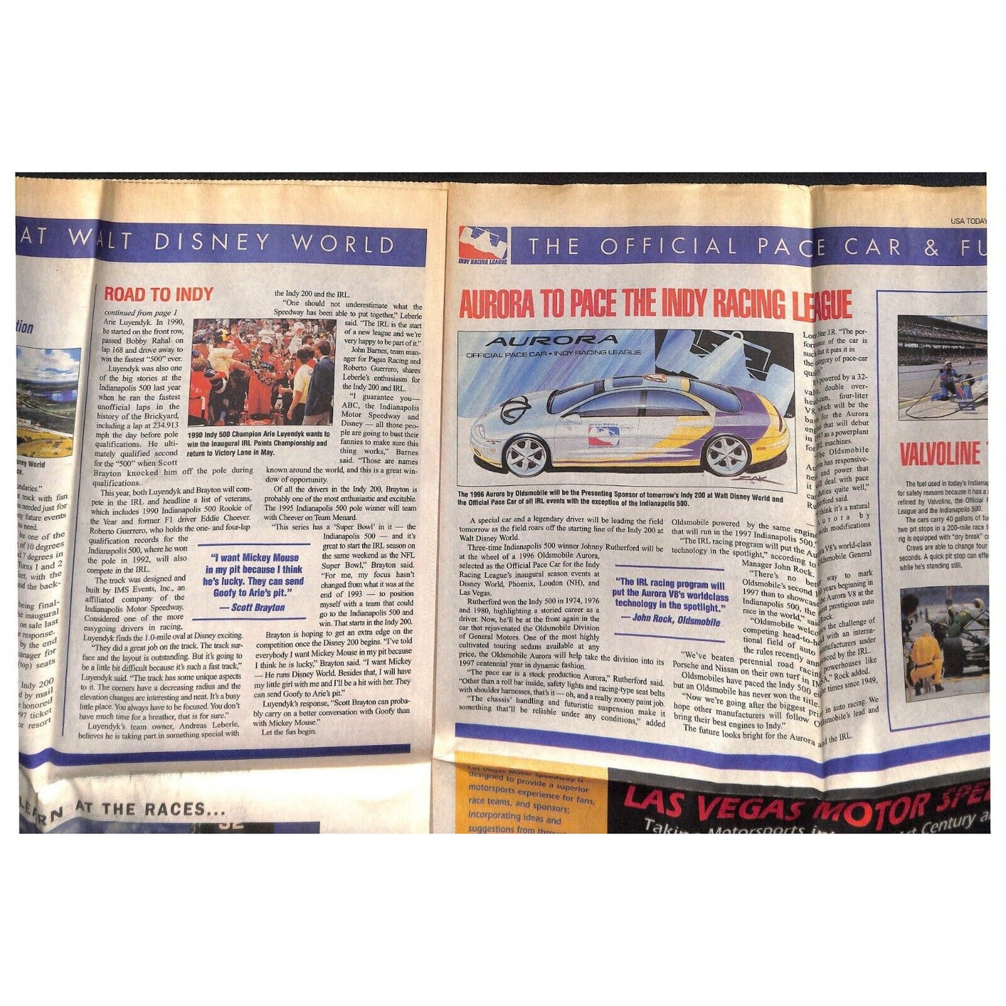 1996 Indy Racing League - USA Today Supplement Feature Newspaper Section 8pp