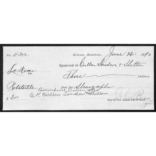 Helena Montana Cullen, Sanders & Shelton L/O 1890 $3 Judicial Payment Receipt