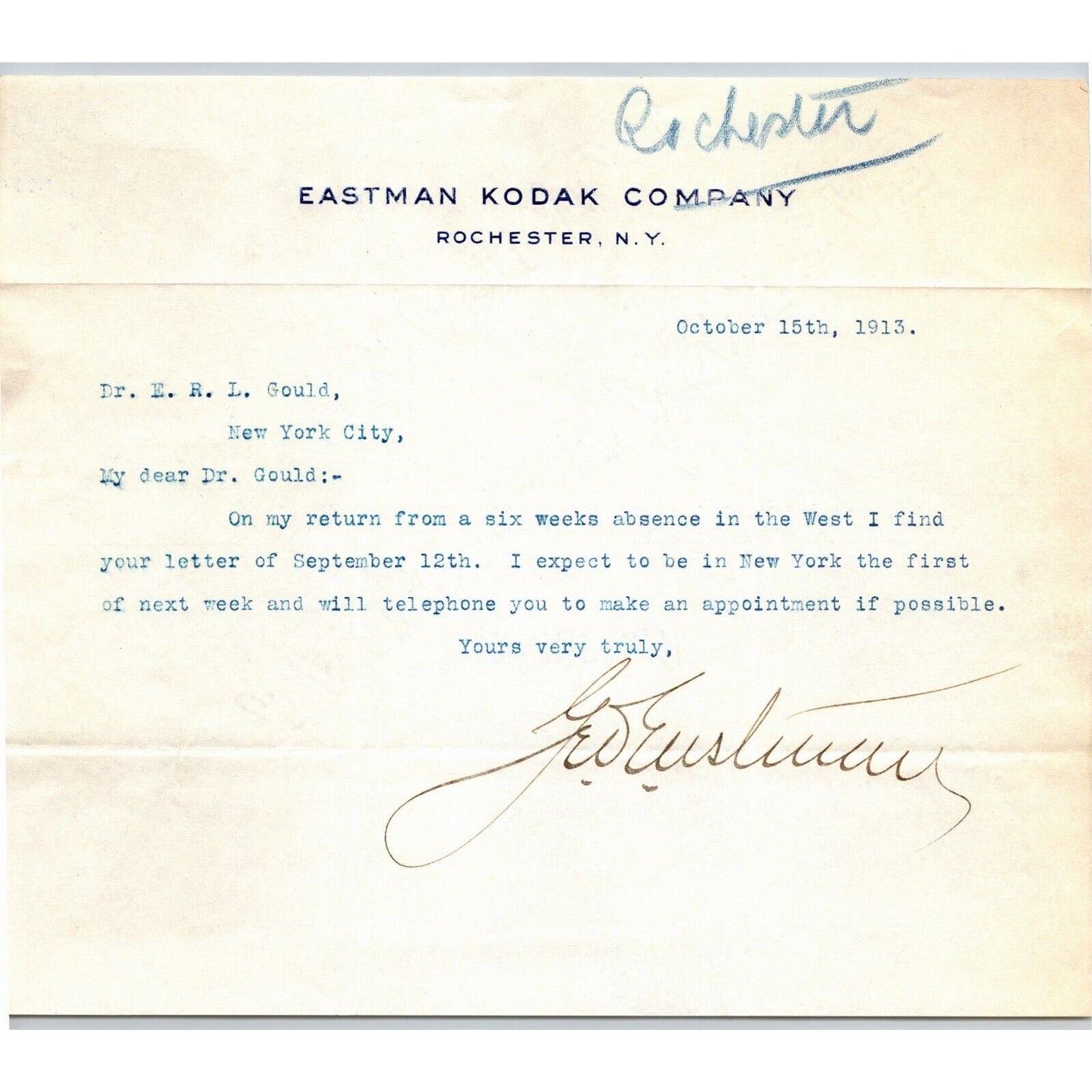 George Eastman Signed Kodak Rochester, NY Typed Letterhead 1913