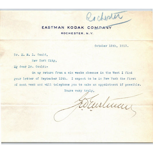 George Eastman Signed Kodak Rochester, NY Typed Letterhead 1913
