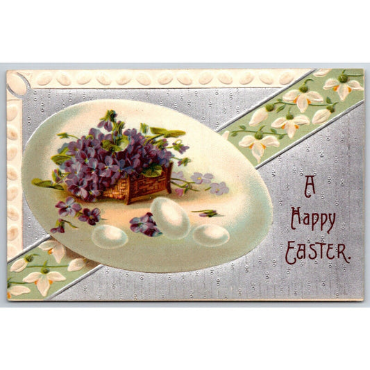Easter Postcard "A Happy Easter" Eggs Floral Emb. Silver NP c1915