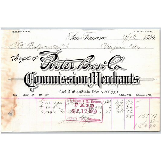 1890 Porter Bros Merchants San Francisco Letterhead S.R. Buford Montana Scarce