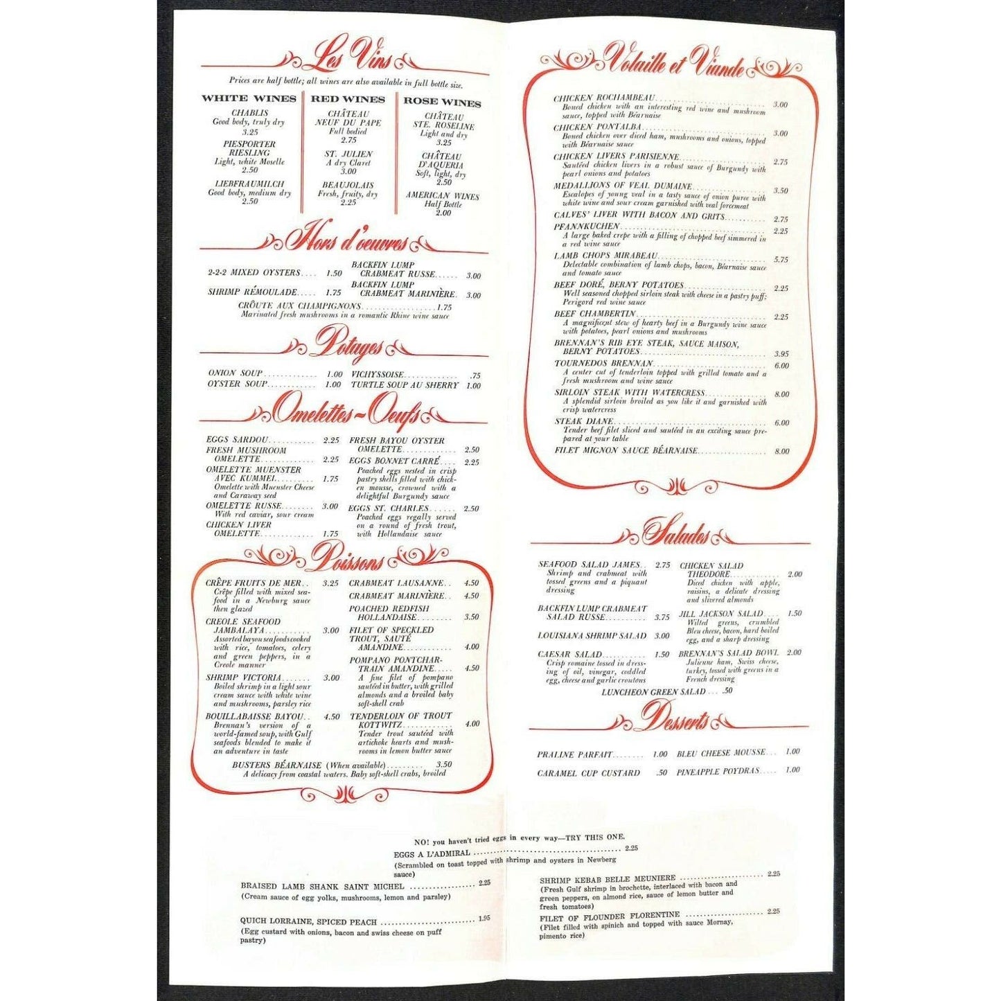 Brennan's Restaurant Menu New Orleans c1960's Breakfast Rooster