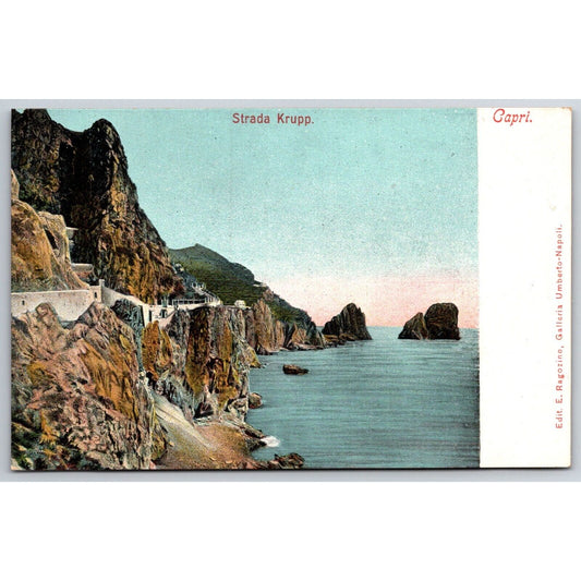 Italian Postcard Capri Strada Krupp Road Wall Along Rocky Seas Shore c1901-1907