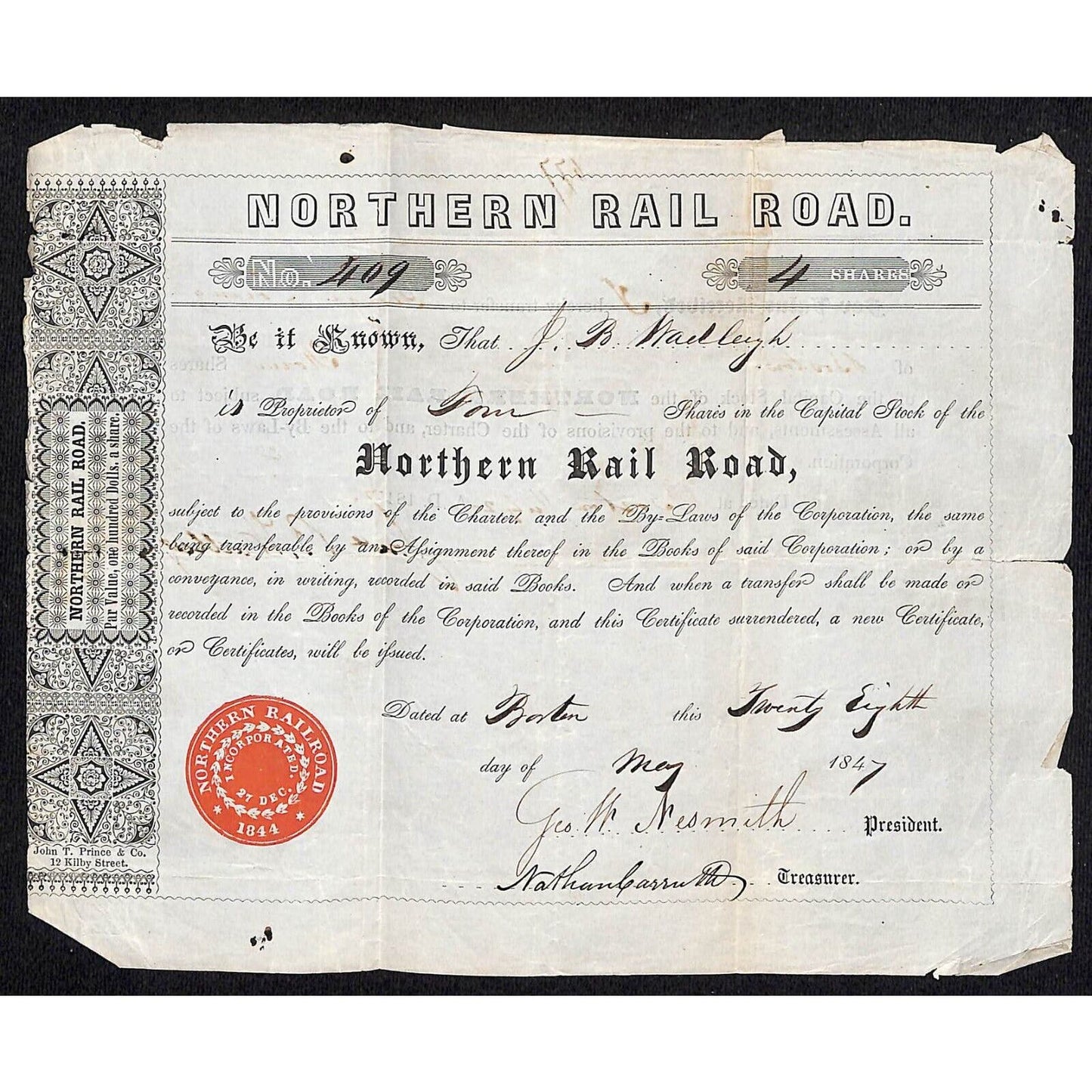 1847 Boston, MA Northern Railroad Stock Certificate No. 409 for 4 Shares
