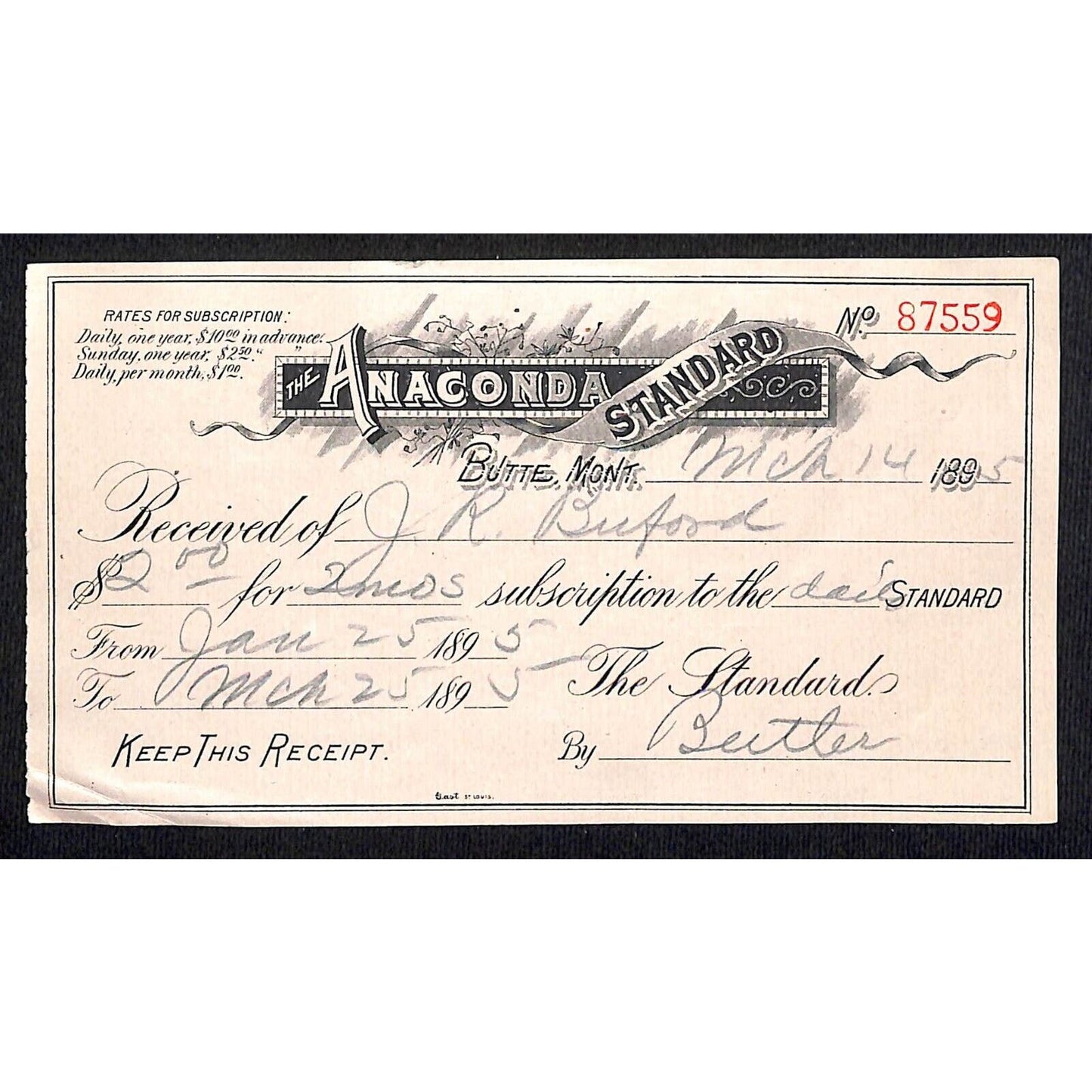 Butte Montana Anaconda Standard / S. R. Buford 1895 Receipt / Billhead