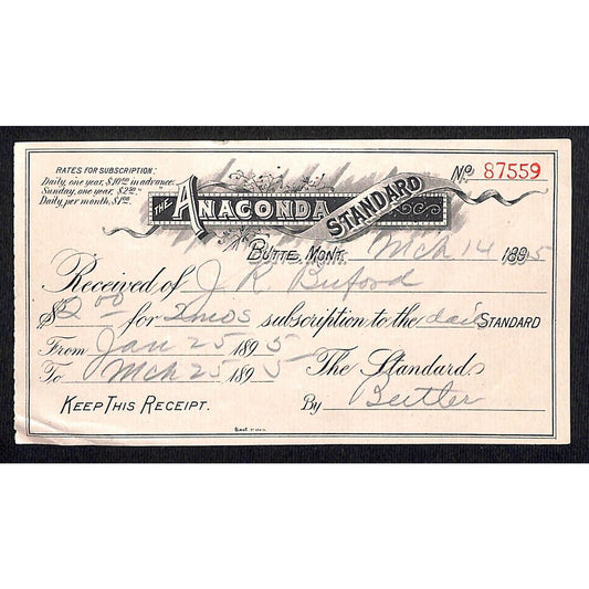 Butte Montana Anaconda Standard / S. R. Buford 1895 Receipt / Billhead