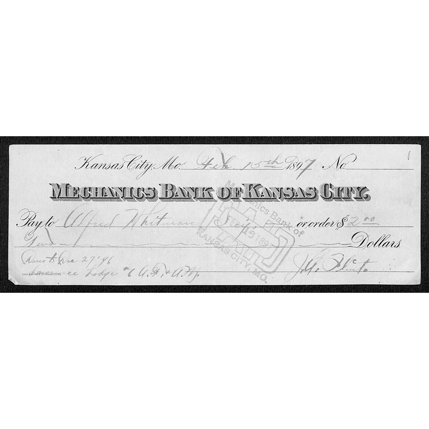 1897 Mechanics Bank of Kansas City, MO Bank Check VGC