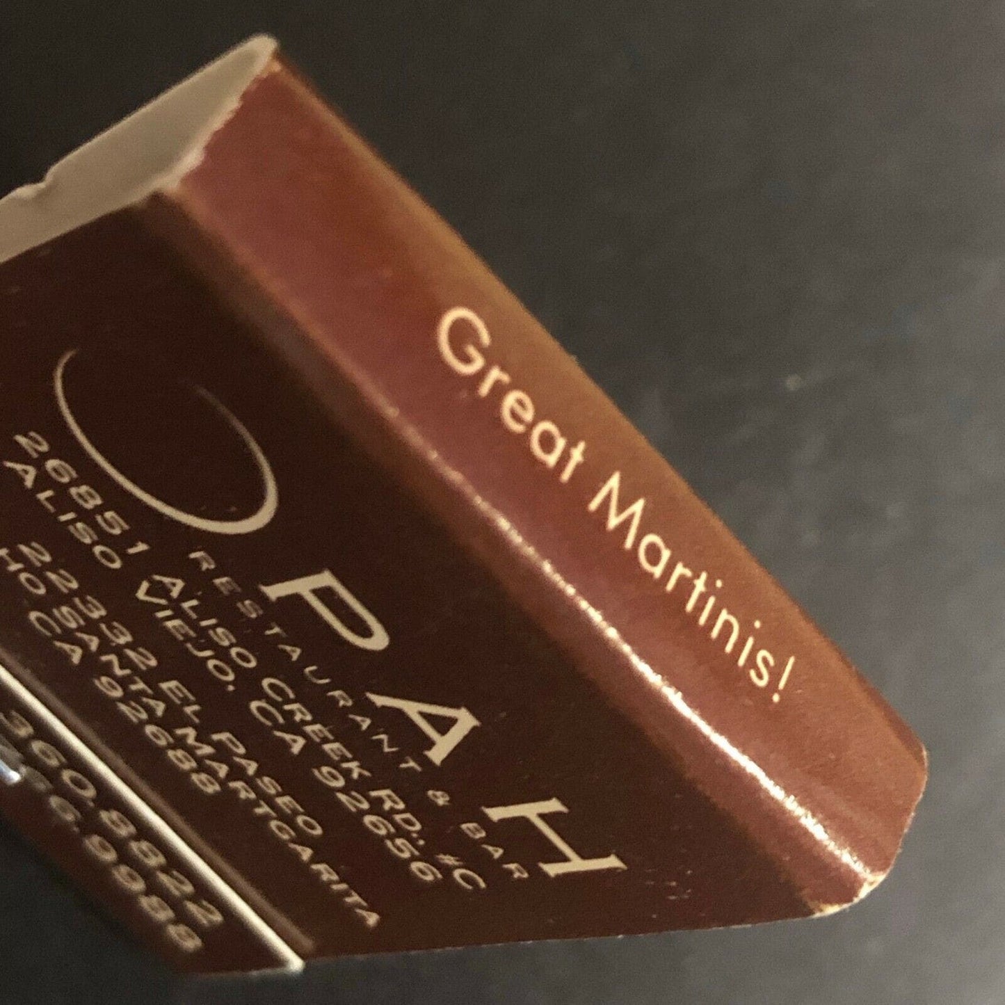 Vintage c2000 Full Matchbook "Opah Restaurant & Bar" Aliso Viejo, CA