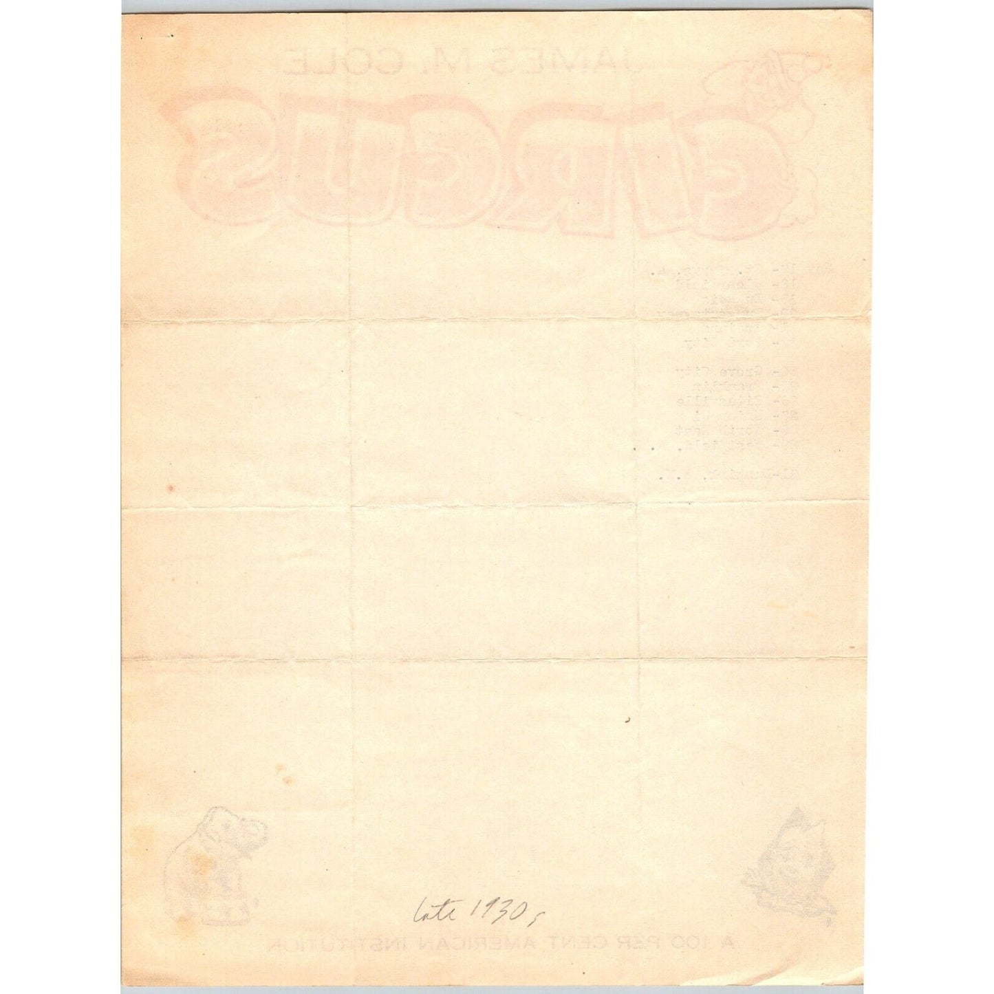 James M. Cole Circus Letterhead c1937-39 w/ Route Dates Clowns Scarce