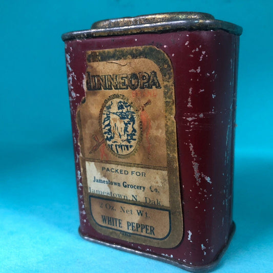 Minneopa Jamestown Grocery ND White Pepper Spice Tin 3"h c1920's-30's