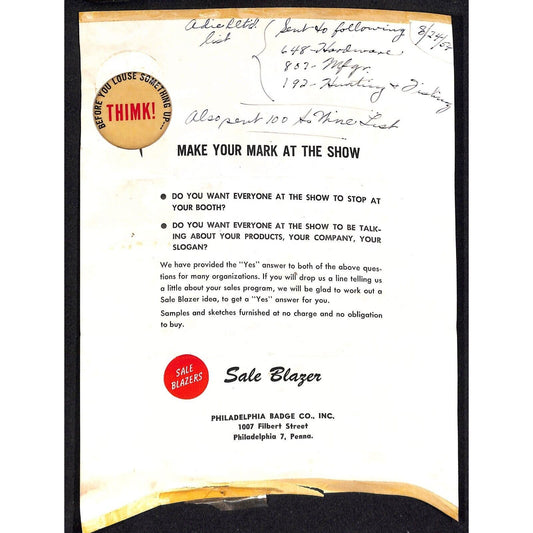 1954 "Thimk!" Paint Pinback Button on Catalog Salesman's Sample Sheet
