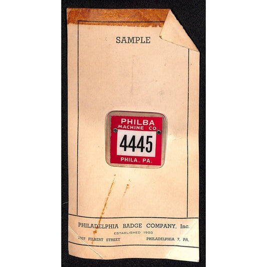 c1944 Phila. Badge Co. ID Pinback on Catalog Salesman's Sample Card