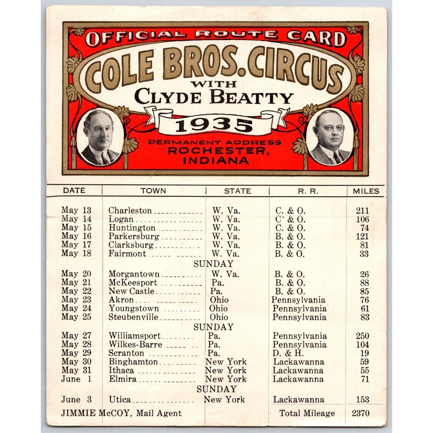1935 Cole Bros with Clyde Beatty Circus Route Card w/ WV, PA, OH, NY Stops