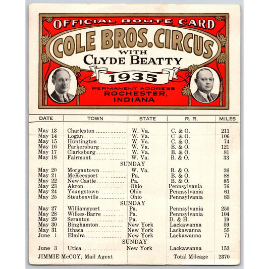 1935 Cole Bros with Clyde Beatty Circus Route Card w/ WV, PA, OH, NY Stops