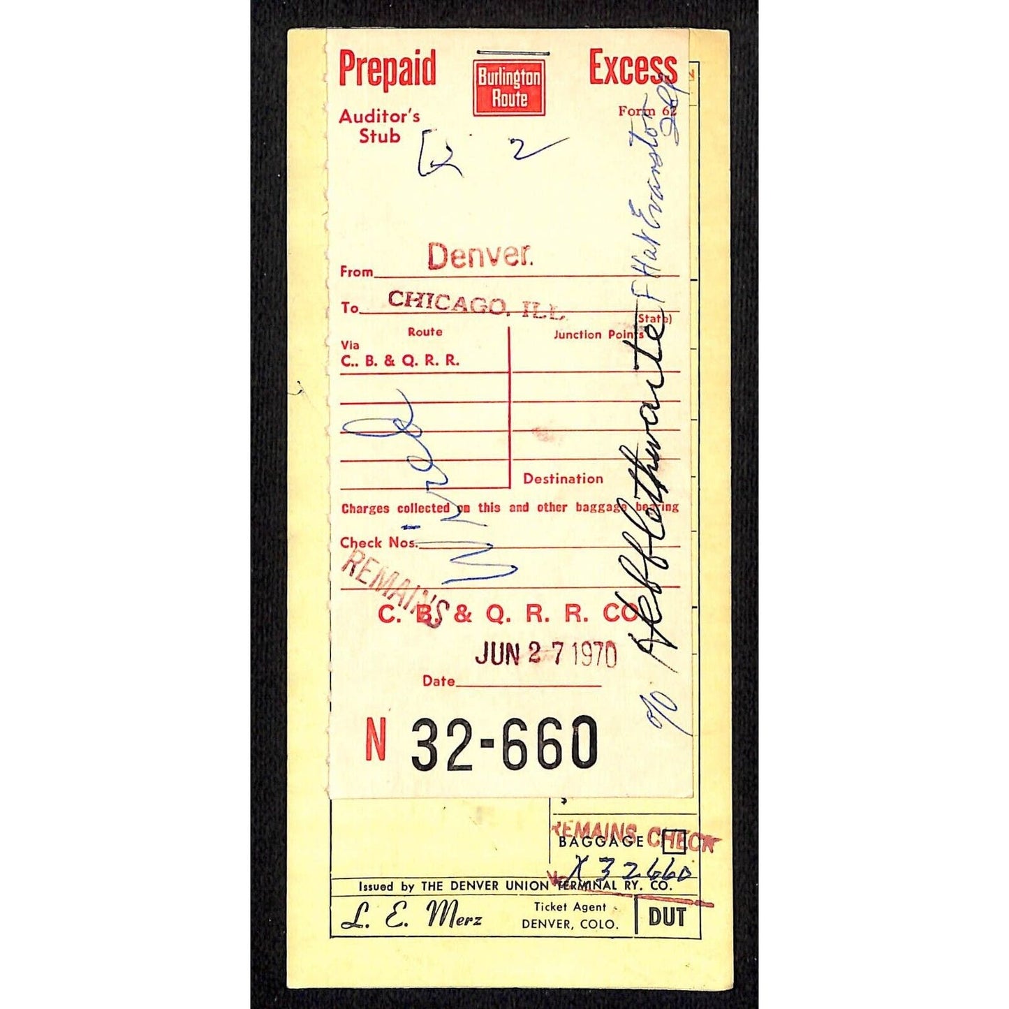 1970 Burlington Route Prepaid Excess / Deceased Remains Check 32-660 VGC