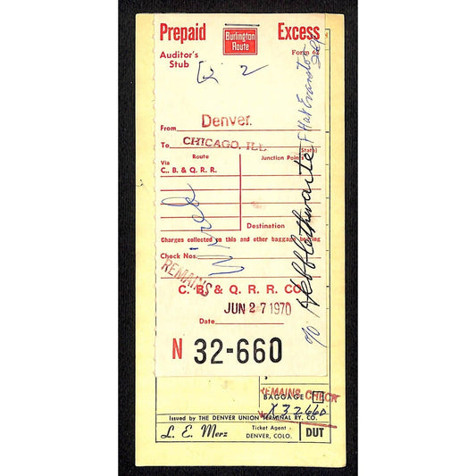 1970 Burlington Route Prepaid Excess / Deceased Remains Check 32-660 VGC