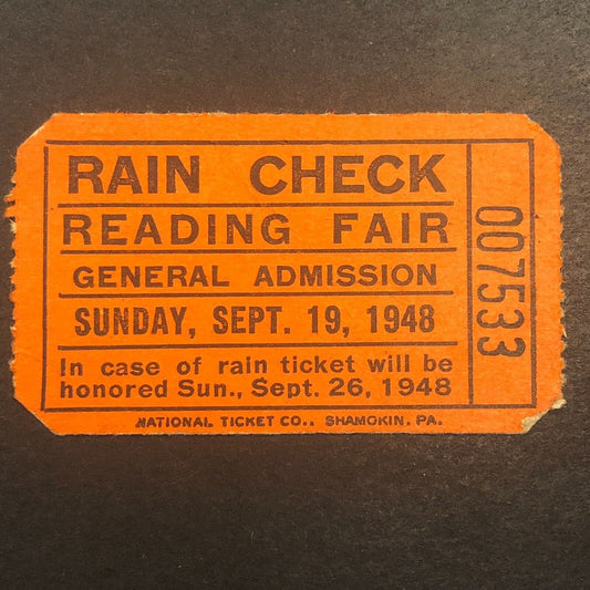 Auto Racing Reading Fair 1948 Holland Rain Check Ticket #7533