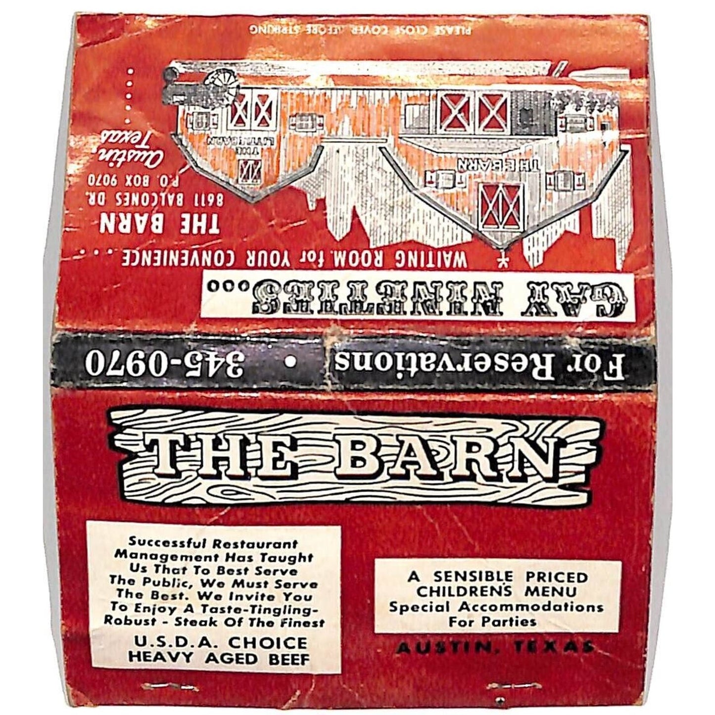 "The Barn" Restaurant Austin, TX Empty Matchbook Cover c1965-74 "Gay Nineties"