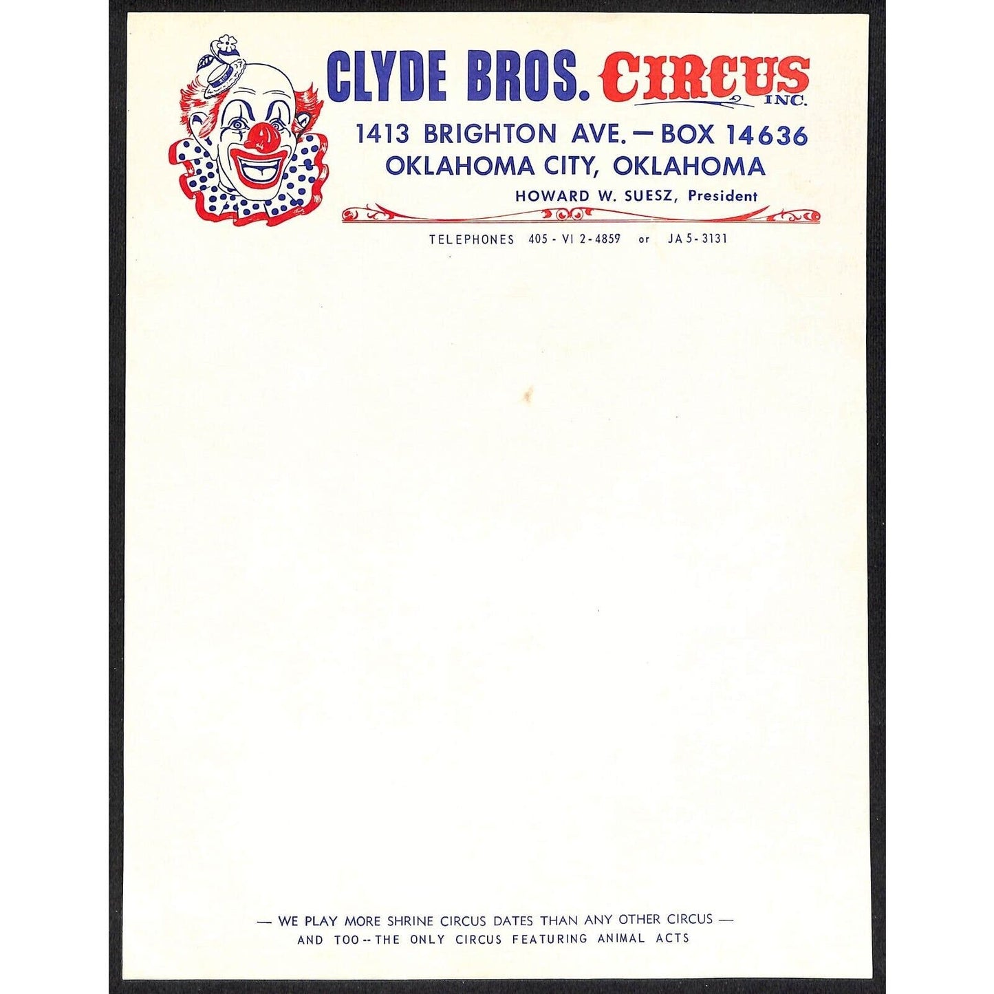 Clyde Bros. Circus Letterhead c1943-50's Oklahoma City Clown Scarce