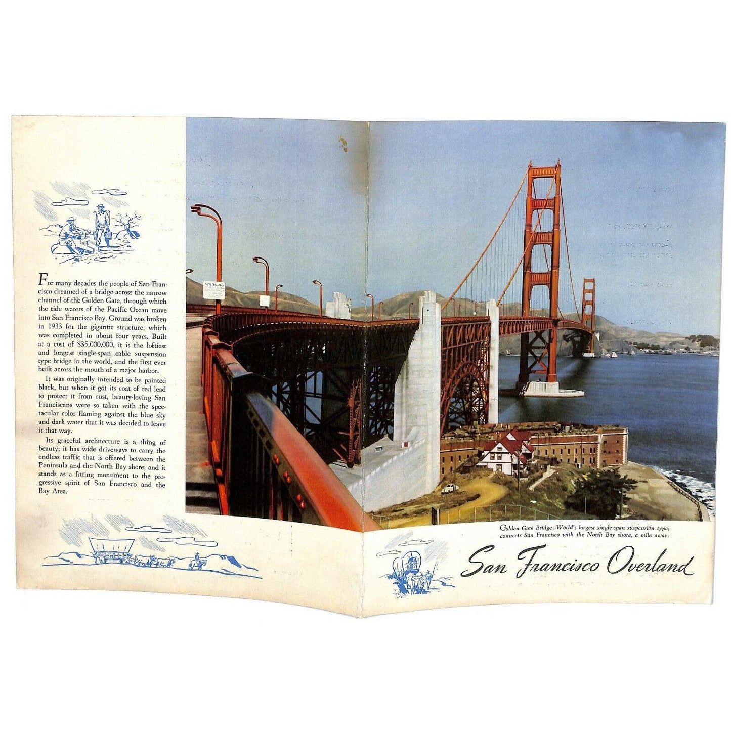 1950 San Francisco Overland Railroad Dining Color Photo Menu Golden Gate Bridge