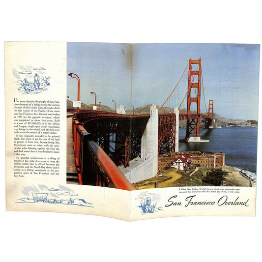 1950 San Francisco Overland Railroad Dining Color Photo Menu Golden Gate Bridge