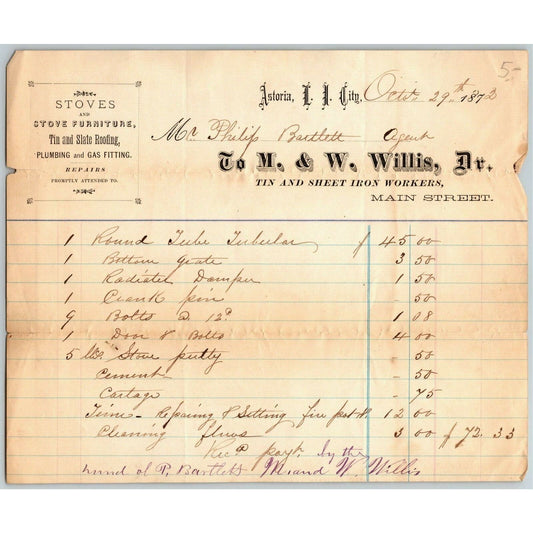 Astoria, LIC NY Billhead Letterhead 1872 M. & W. Willis Tin and Iron Sheet Work