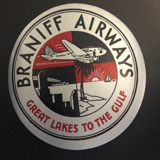 Braniff Airways (1930-82) Foil Luggage Label Embossed Sun Radiant Lines 2 3/4"