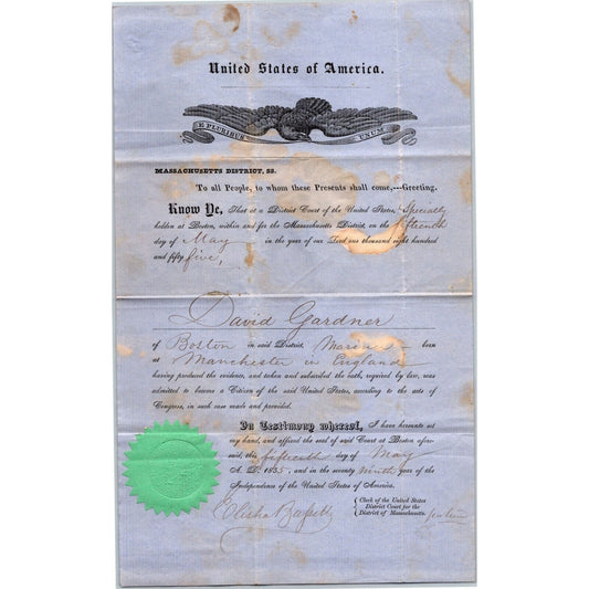 1855 Boston, MASS U.S. Citizen Document David Gardner from Manchester, England