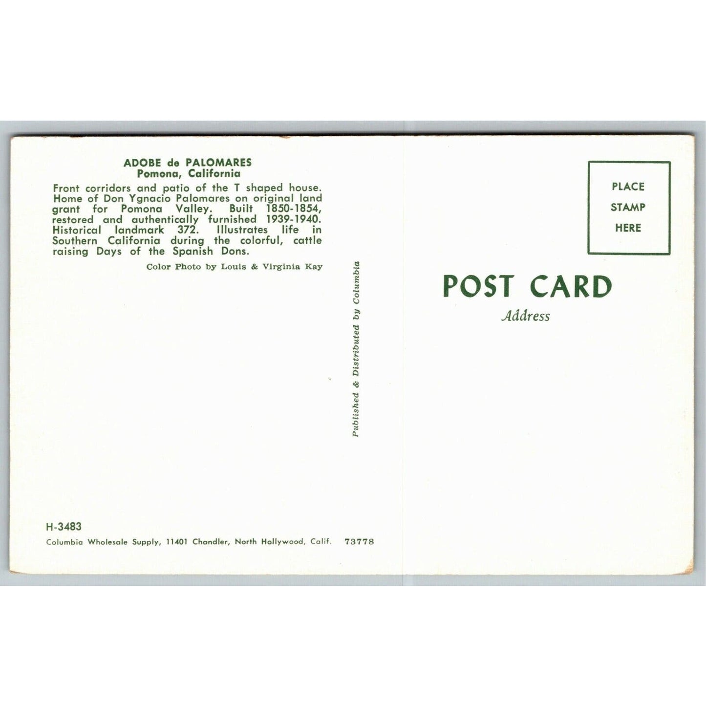 Vintage Postcard - Adobe de Palomares Pomona, California