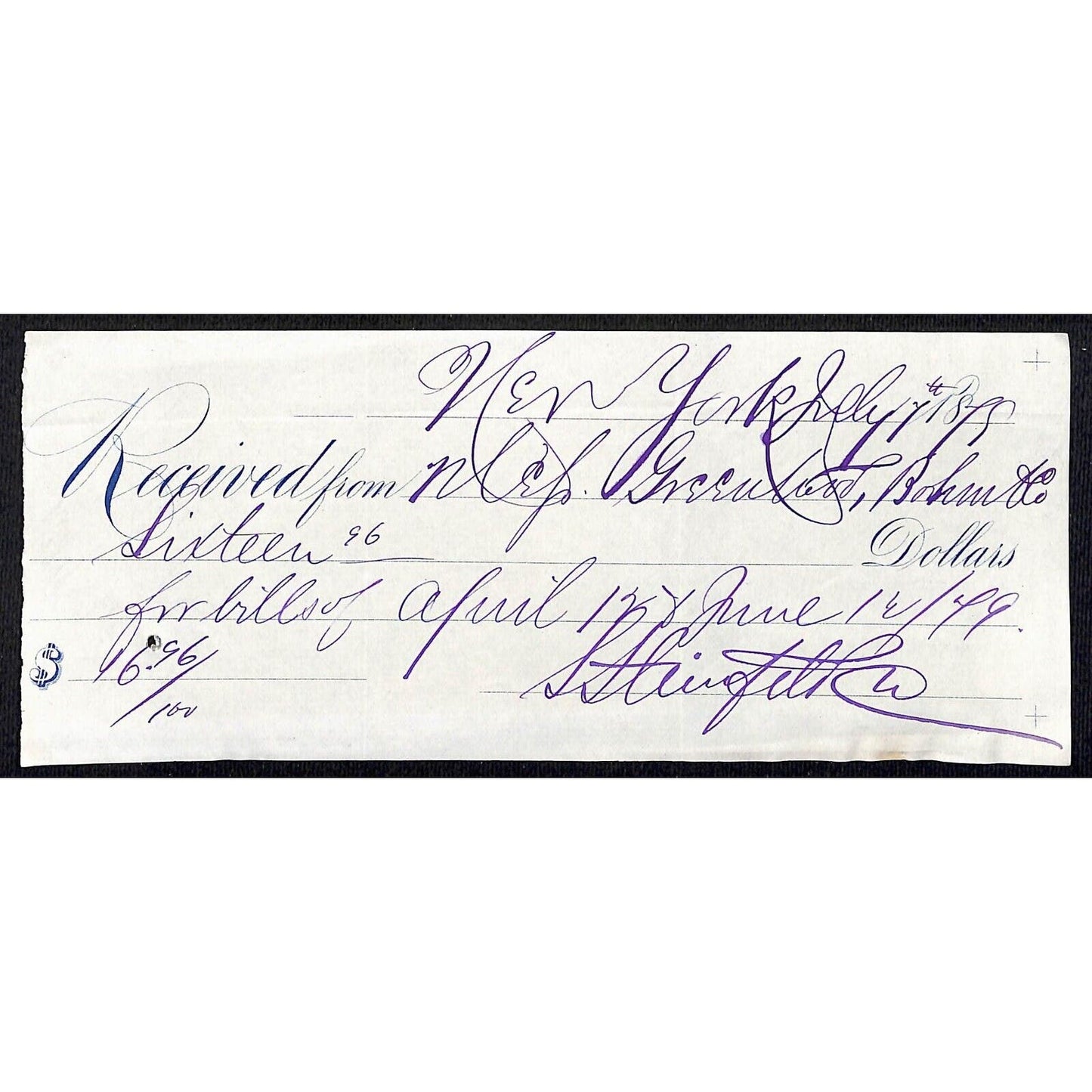Hand Written Receipts Check - 3 1870's & 1 905 - New York Virginia City, Montana