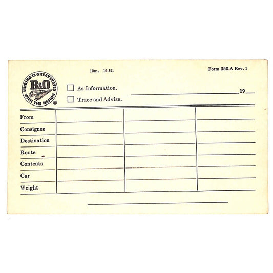 B&O Railroad c1957 Freight Route Detail Contents Detail Form Post Card VGC
