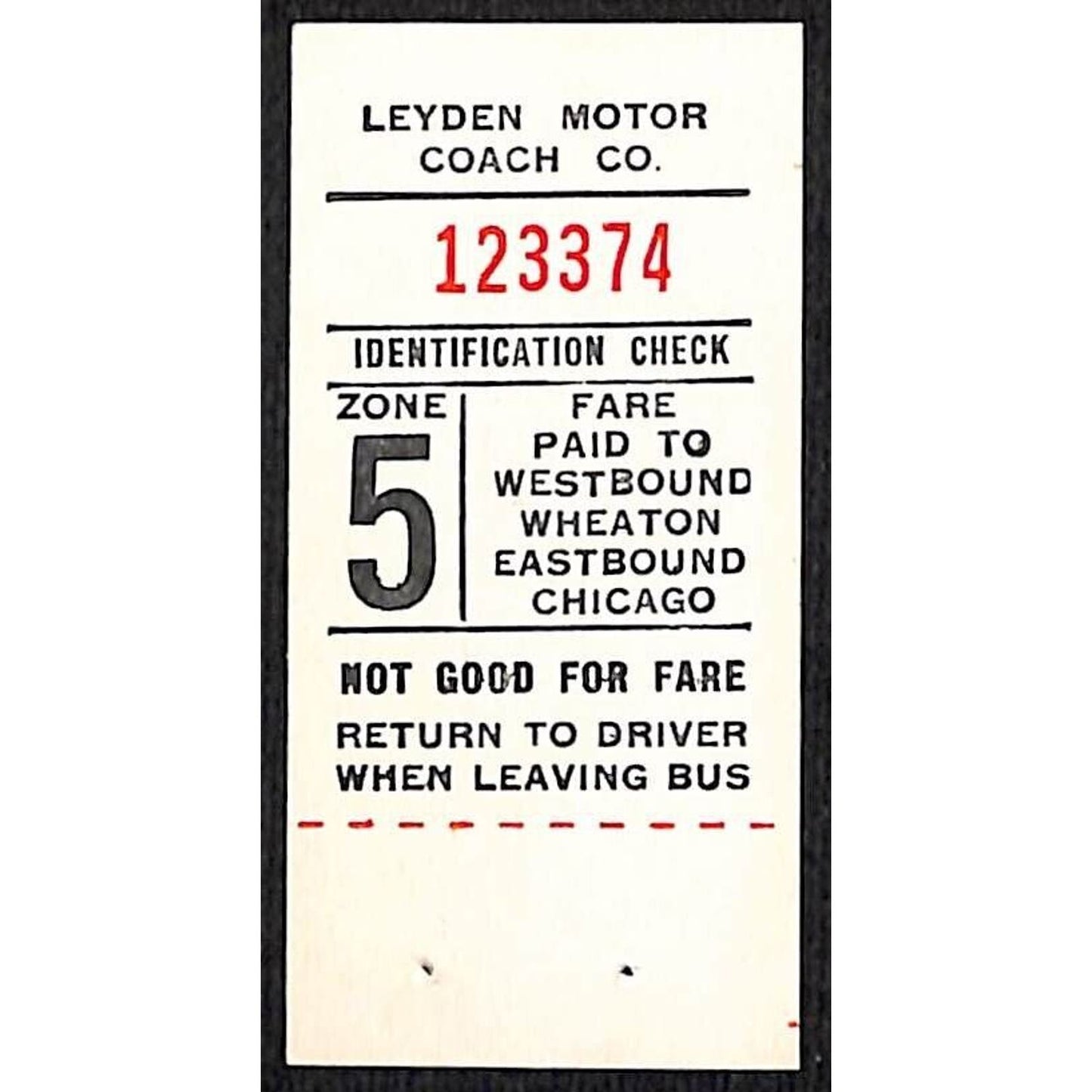 Leyden Motor Coach Zone 5 Wheaton / Chicago Bus Fare Seat Check #123774