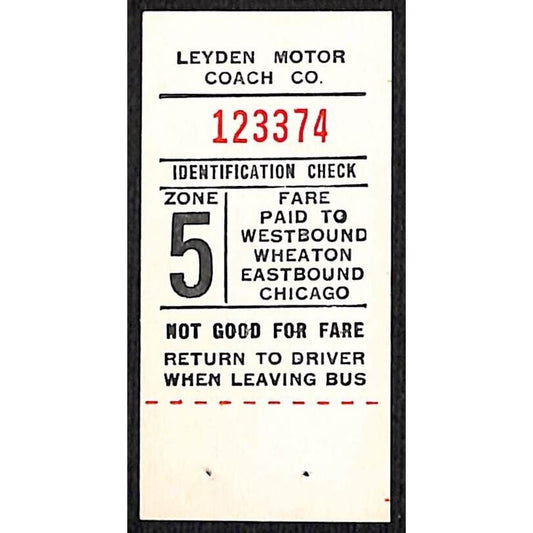 Leyden Motor Coach Zone 5 Wheaton / Chicago Bus Fare Seat Check #123774