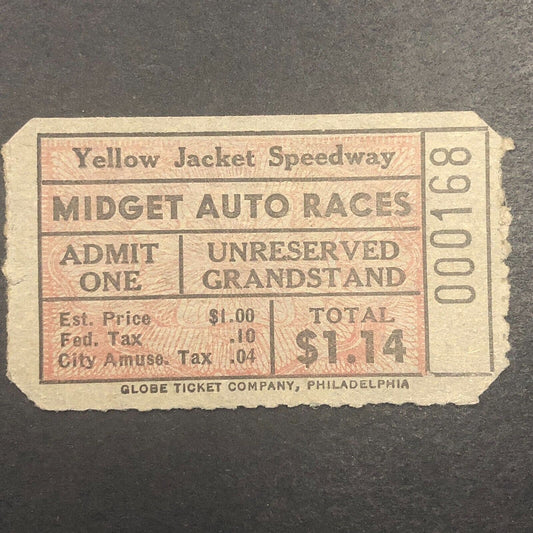 Midget Auto Racing Rain Check Ticket Honey Purich 1938 Yellow Jacket Speedway