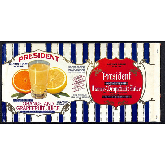 1950 Paper Label President Orange & Grapefruit Juice California Packing - Scarce