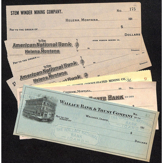 Group of 7 Unused Bank Checks - Wallace, ID Chinook, MT Helena, MT Some Mining