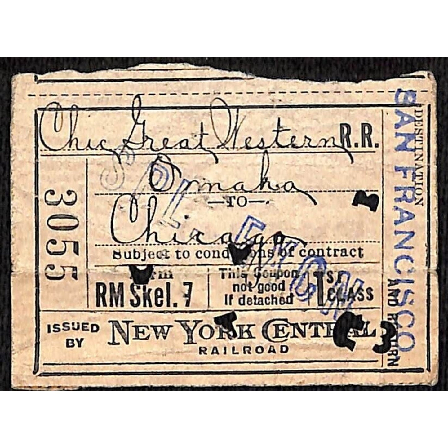1915 New York Central Railroad Ticket Omaha to Chicago #3055
