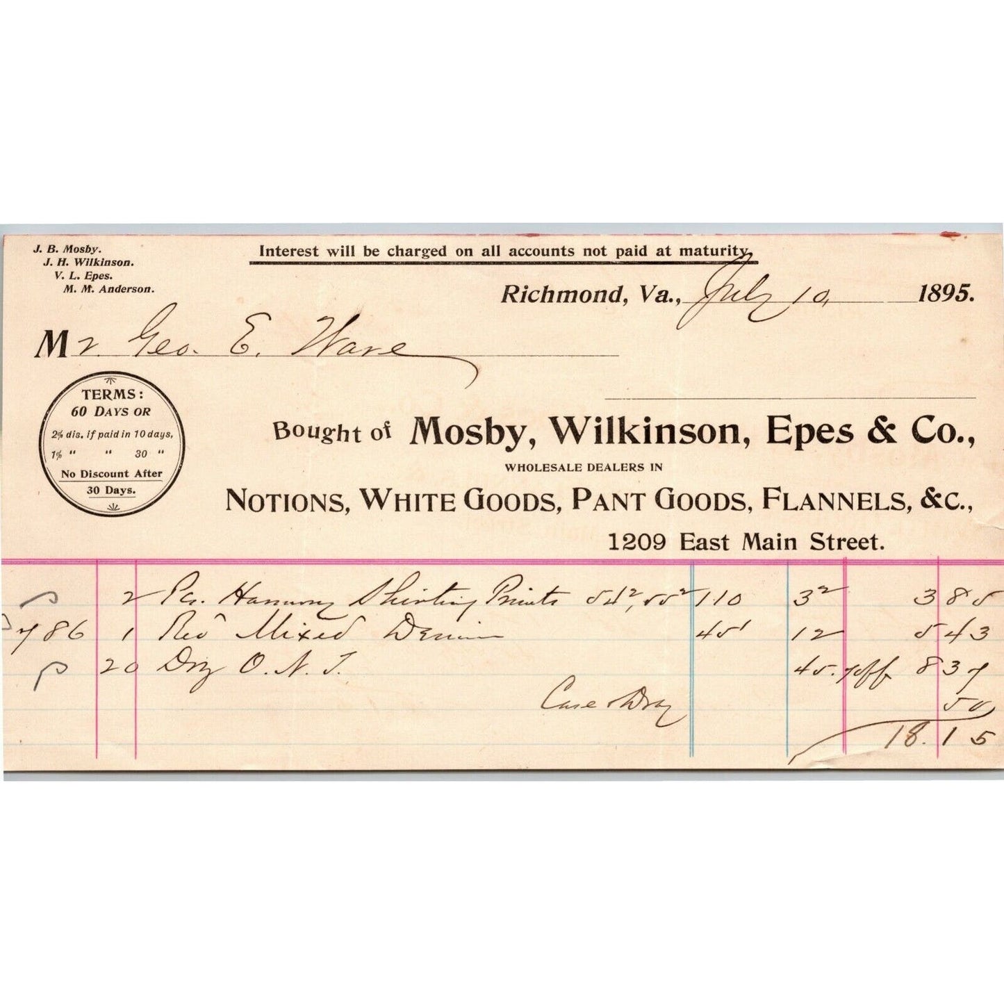 Mosby, Wilkinson, Epes & Co. Richmond, VA Letterhead to Geo. E. Wear 1899