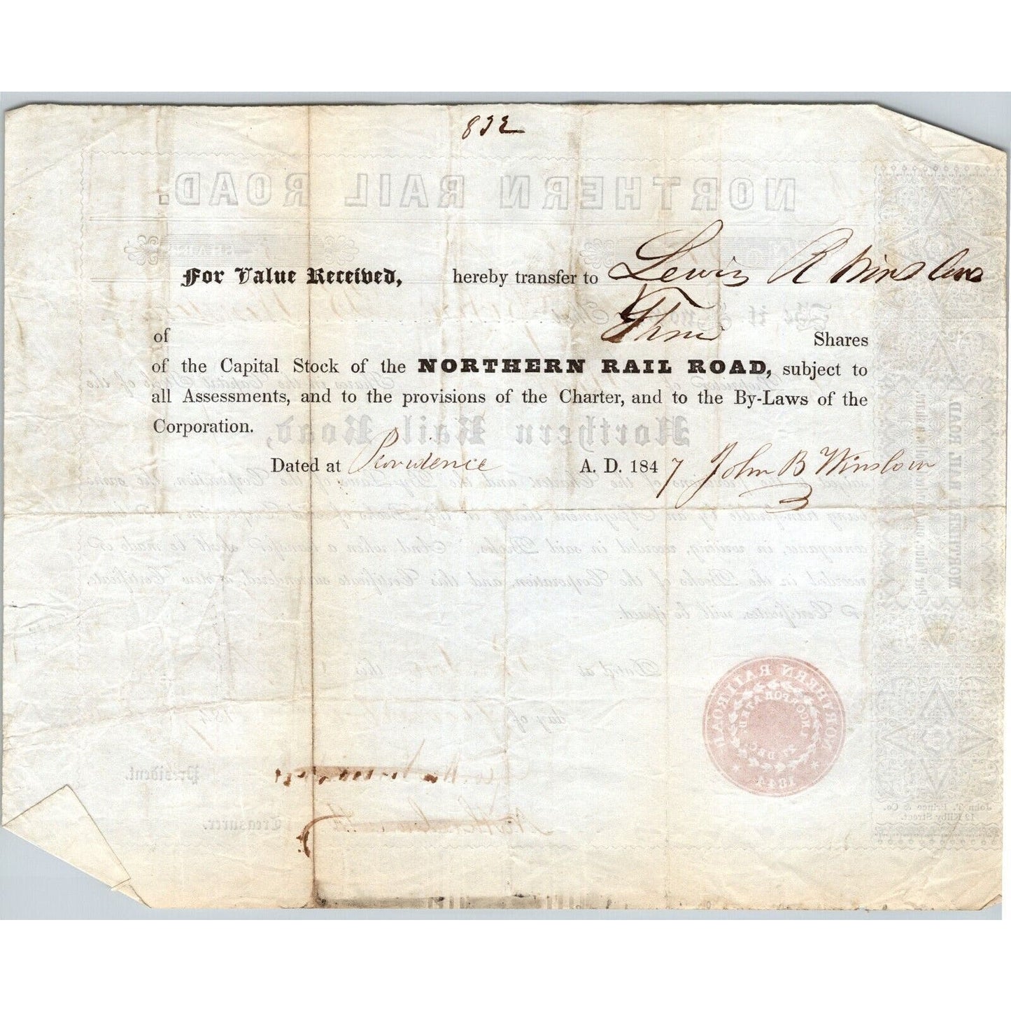 1847 Boston, MA Northern Railroad Stock Certificate No. 2100 for Three Shares