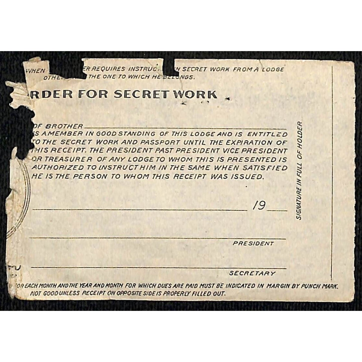 Brotherhood of Railroad Trainmen B of RT 1944 "Order for Secret Work" Receipt