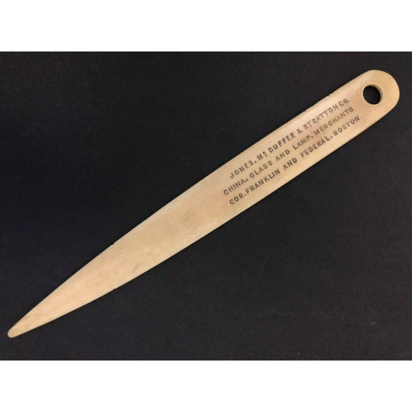 c1895-1905 7.25" Mc Duffee & Stratton Co Boston Adv. Celluloid Letter Opener