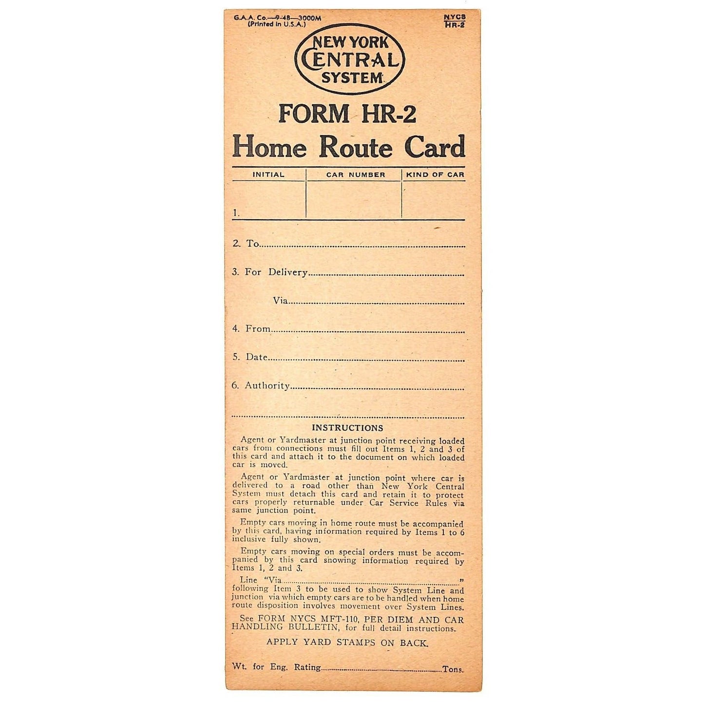 New York Central Railroad c1948 Unused "Home Route Card" Scarce VGC